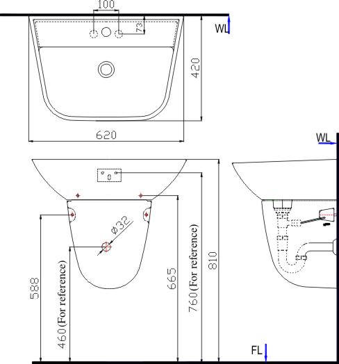 Bản vẽ kỹ thuật lavabo INAX L-297V/L-297VC treo tường