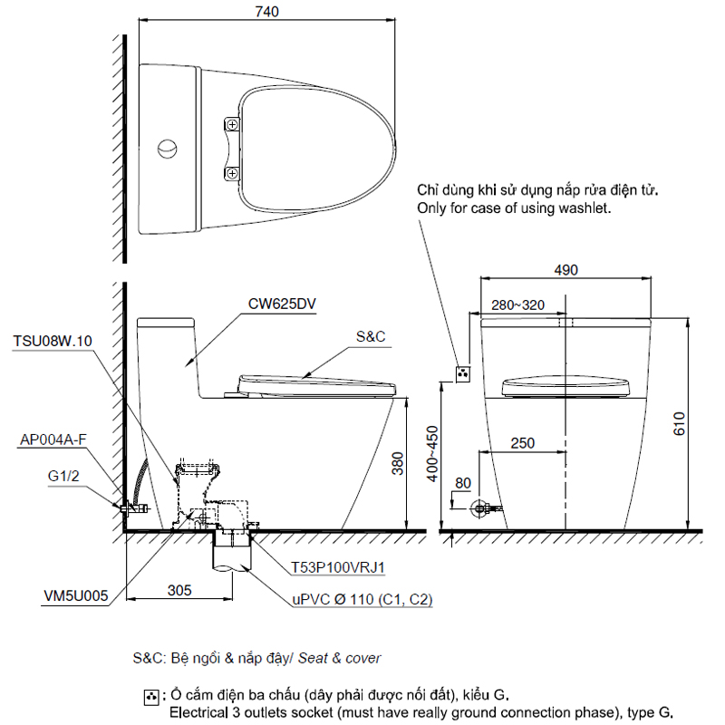 Bản vẽ kĩ thuật bồn cầu TOTO MS625DE4