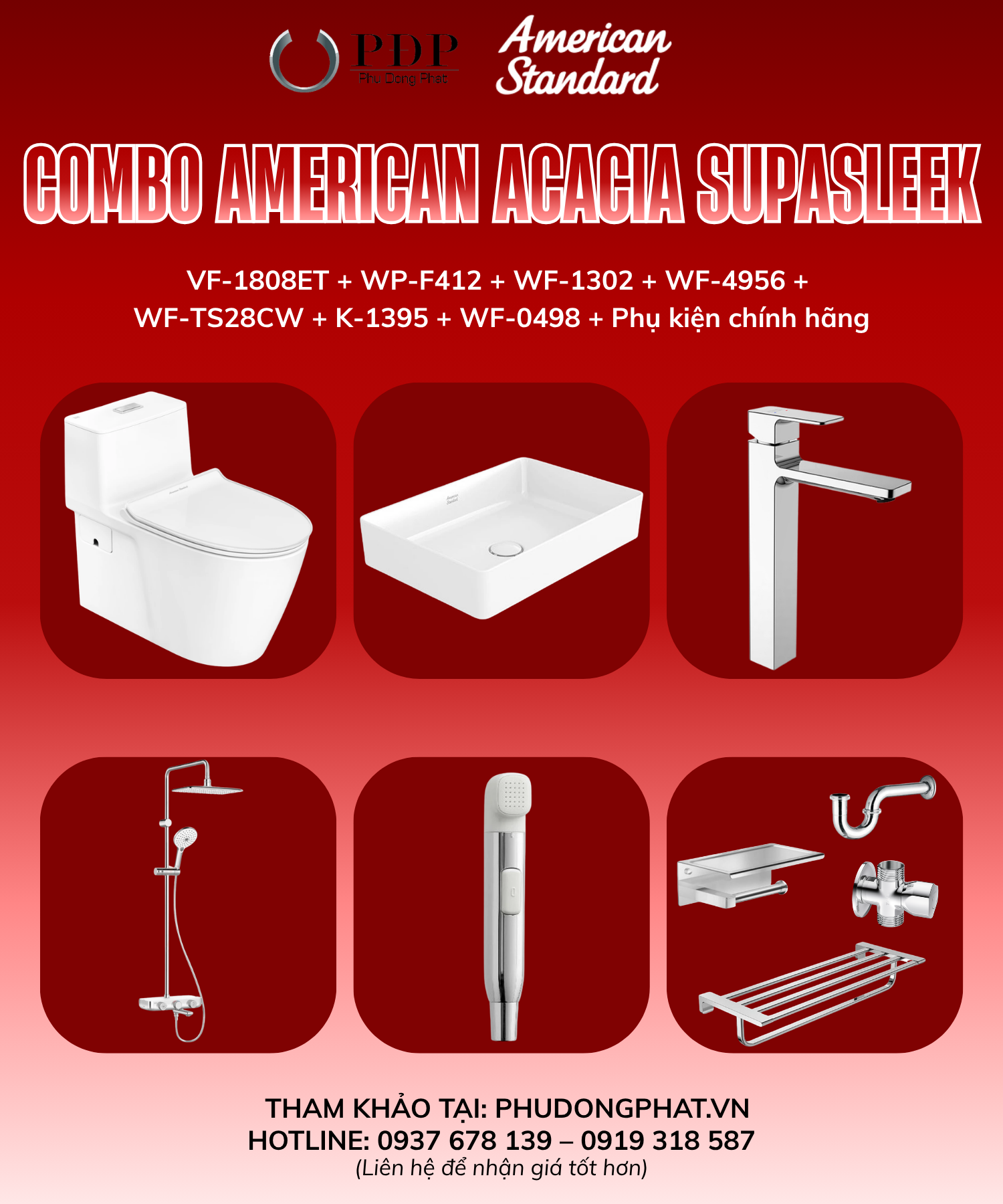 Thiết bị vệ sinh cao cấp chính hãng giá rẻ 2022 COMBO PHÒNG TẮM ACACIA SUPASLEEK AMERICAN STANDARD