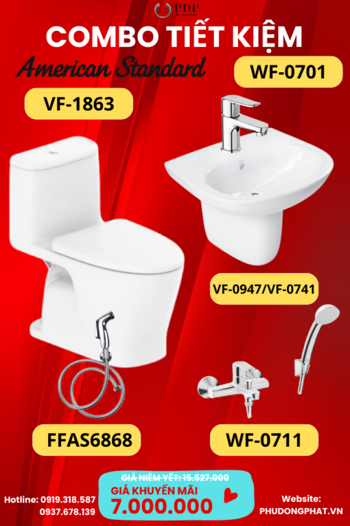 Thiết bị vệ sinh cao cấp chính hãng giá rẻ 2022 COMBO PHÒNG TẮM TIẾT KIỆM AMERICAN STANDARD