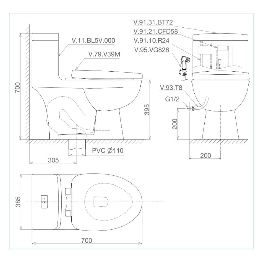 Thiết bị vệ sinh cao cấp chính hãng giá rẻ 2022 BỒN CẦU 1 KHỐI KÈM VÒI XỊT VIGLACERA BL5 (NẮP ÊM) - Ảnh 2