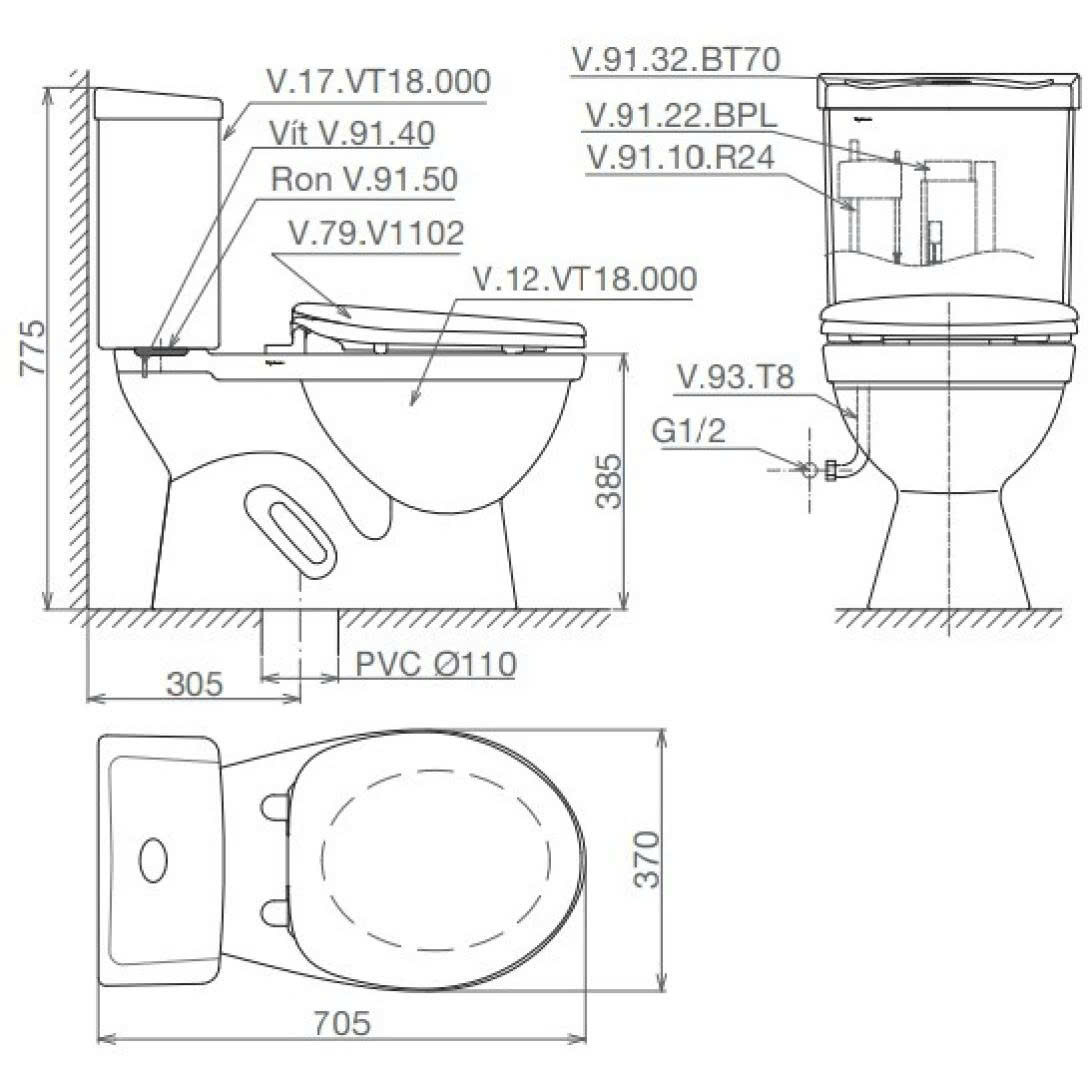 Thiết bị vệ sinh cao cấp chính hãng giá rẻ 2022 BỒN CẦU 2 KHỐI KÈM CHẬU RỬA TREO TƯỜNG VIGLACERA VT18M (NẮP ÊM) - Ảnh 2
