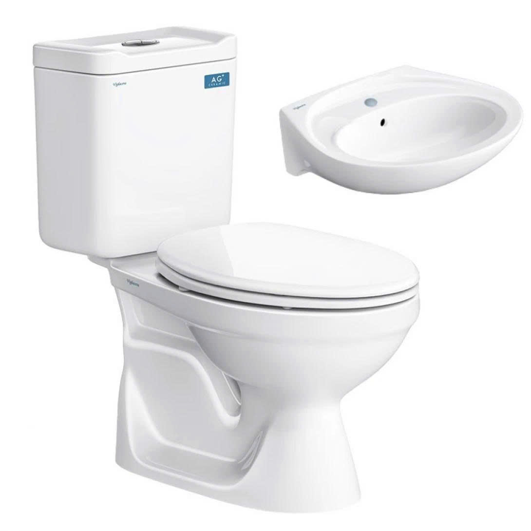 Thiết bị vệ sinh cao cấp chính hãng giá rẻ 2022 BỒN CẦU 2 KHỐI KÈM CHẬU RỬA TREO TƯỜNG VIGLACERA VT18M (NẮP ÊM)