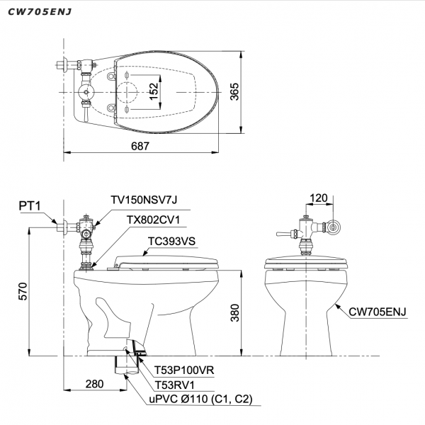 Thiết bị vệ sinh cao cấp chính hãng giá rẻ 2022 Bồn Câu Van Xả Gạt Tay ToTo CW705ENJ - Ảnh 2