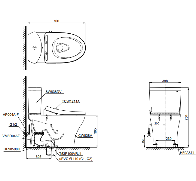 Thiết bị vệ sinh cao cấp chính hãng giá rẻ 2022 Bồn Cầu ToTo 2 Khối Nắp Rửa Cơ CS838DE4 - Ảnh 2