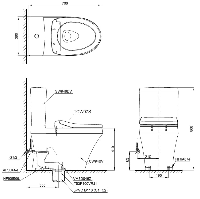 Thiết bị vệ sinh cao cấp chính hãng giá rẻ 2022 Bồn Cầu ToTo 2 Khối Nắp Rửa Cơ CS948DE2 - Ảnh 2