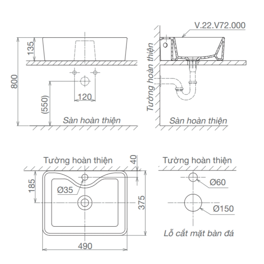 Thiết bị vệ sinh cao cấp chính hãng giá rẻ 2022 CHẬU RỬA MẶT ĐẶT BÀN VIGLACERA V72 - Ảnh 2