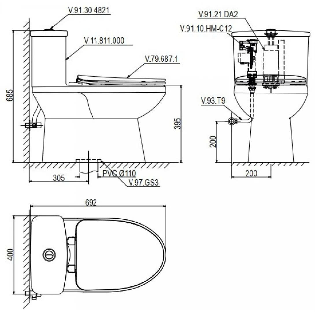 Thiết bị vệ sinh cao cấp chính hãng giá rẻ 2022 BỒN CẦU 1 KHỐI KÈM VÒI XỊT VIGLACERA V811 - Ảnh 2