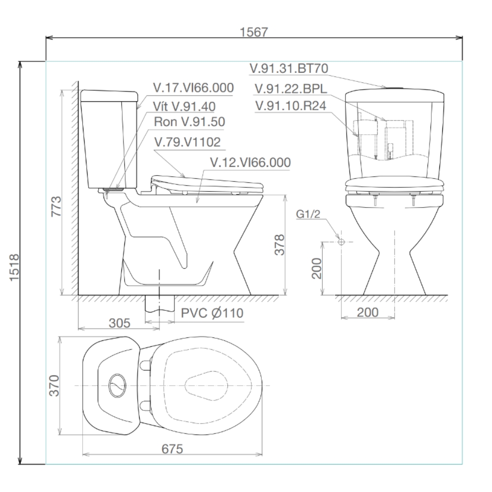 Thiết bị vệ sinh cao cấp chính hãng giá rẻ 2022 BỒN CẦU 2 KHỐI VIGLACERA VI66 (NẮP ÊM) - Ảnh 2