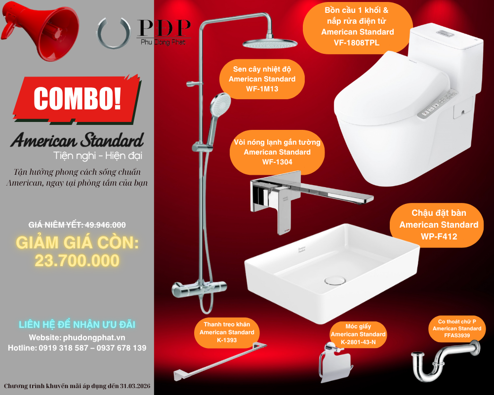 Thiết bị vệ sinh cao cấp chính hãng giá rẻ 2022 COMBO PHÒNG TẮM AMERICAN STANDARD - TIỆN NGHI - HIỆN ĐẠI