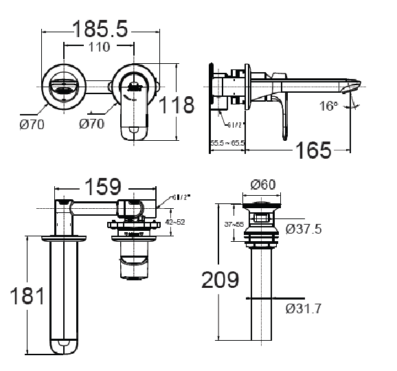 Thiết bị vệ sinh cao cấp chính hãng giá rẻ 2022 Bản vẽ vòi nóng lạnh âm tường American Standard WF-1M04