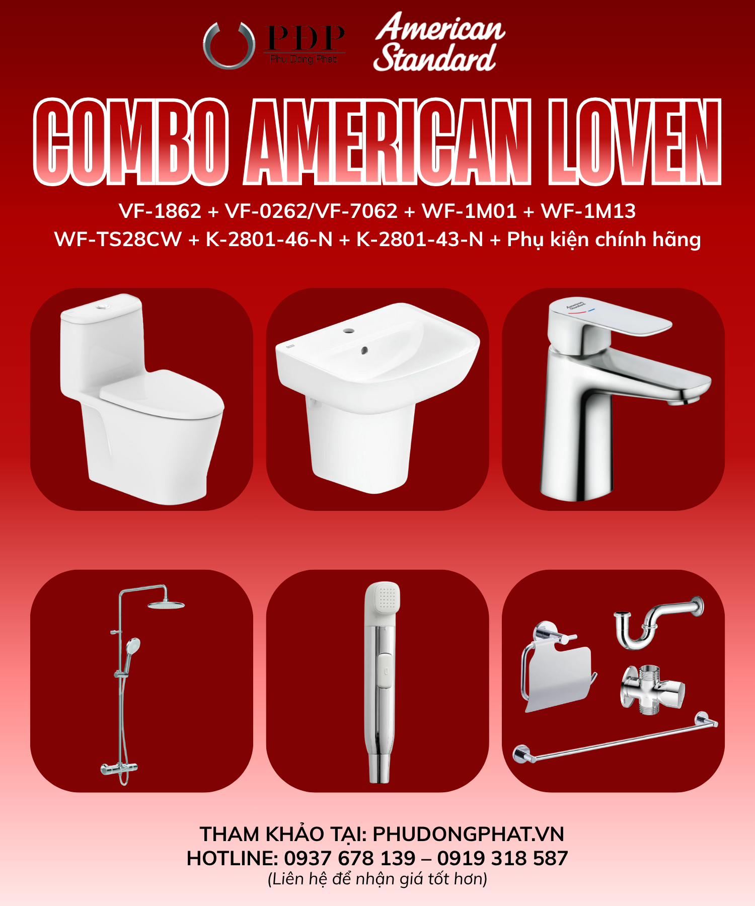 Thiết bị vệ sinh cao cấp chính hãng giá rẻ 2022 COMBO PHÒNG TẮM AMERICAN STANDARD LOVEN
